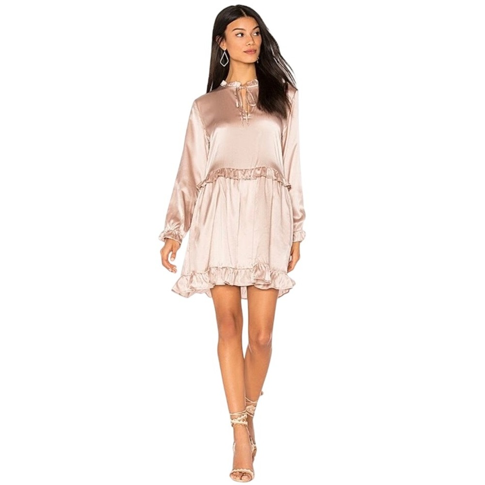Anine Bing Women's S Frill Silk Ruffle Mini Dress Rose Champagne Long Sleeve